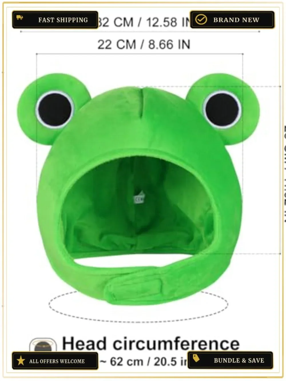 Plush Frog Hat Adult One Size Funny Animal Cosplay Costume Accessory